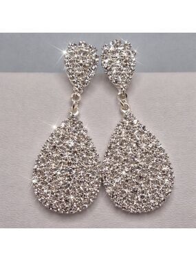 Long Teardrop Rhinestone Stud Earrings Silver Tone Statement Dangle Glam